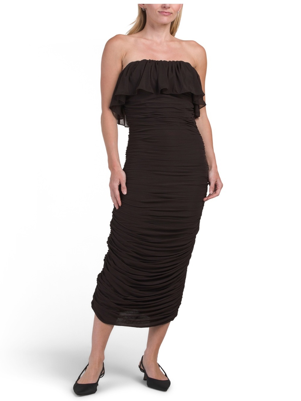 Torn by Ronny Kobo Strapless Ruffle Ruched Midi Dress - Black